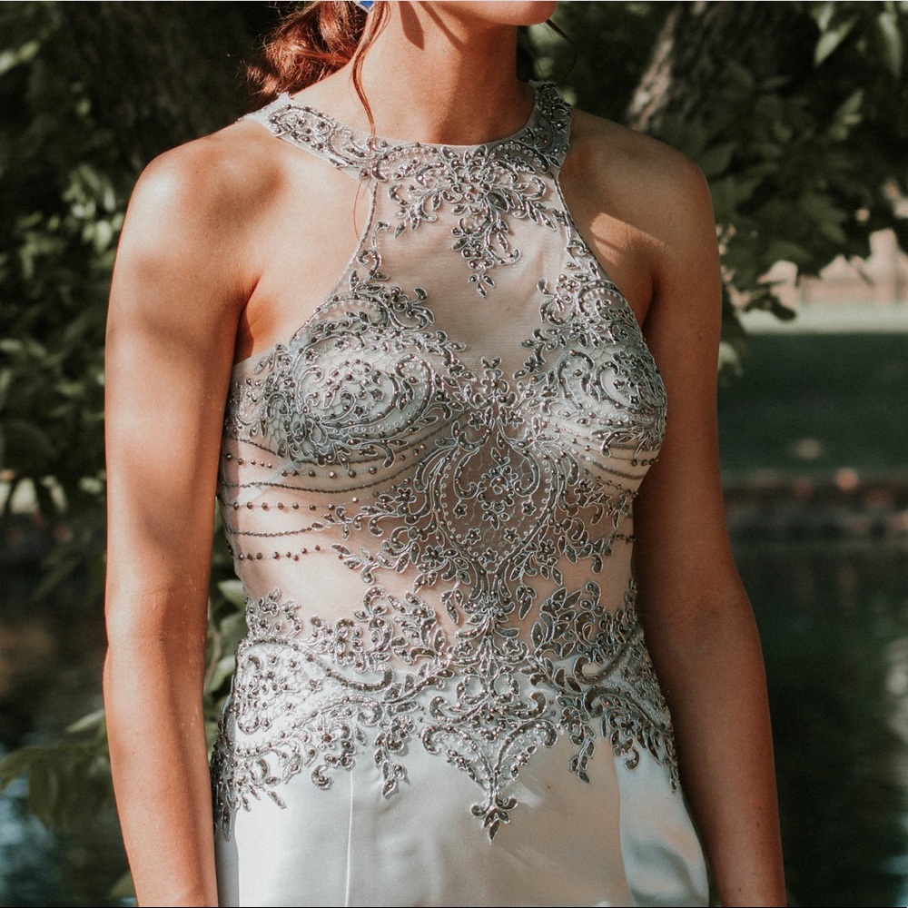 Silver beaded prom dress